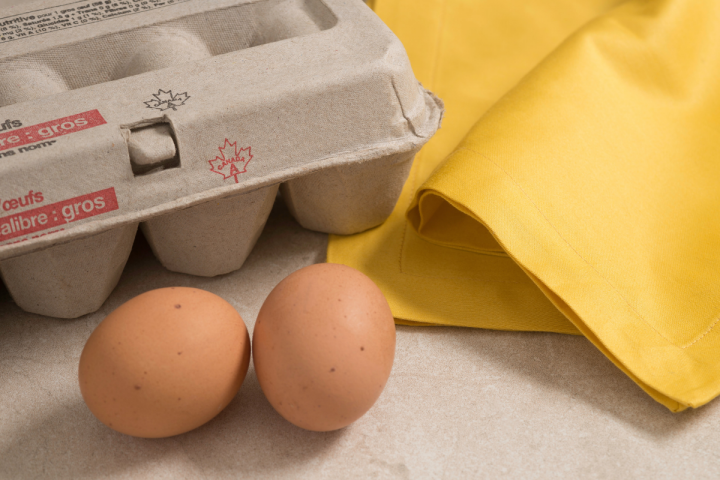 two brown eggs in front of a carton