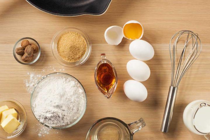 eggs on a counter with pancake ingredients
